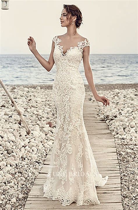 Sheath Cap Sleeve V Neck Floor Length Lace Wedding Dress With Appliques And Illusion Wedding