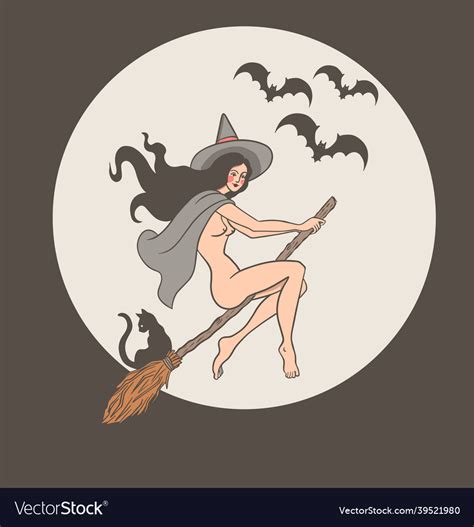 Witch On A Broomstick In A Hat With A Cat In Retro