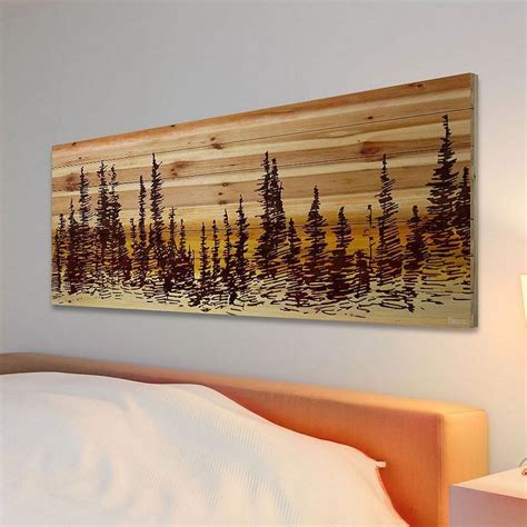 Parvez Taj Pine Tree Sunset Wood Wall Art Pine Tree Painting Wood