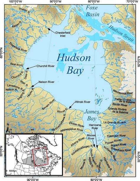 Map Of The Hudson Bay Basin Showing The Location Of Rivers With Outlets
