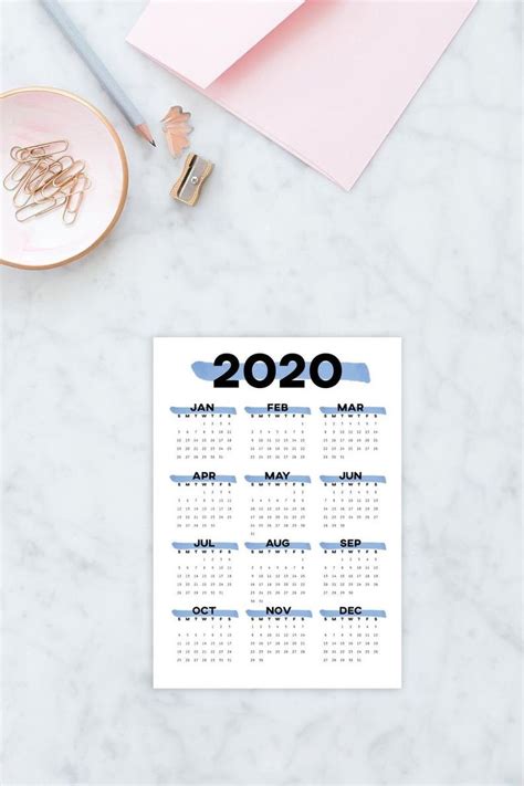 Blue Printable Calendar 2020 Wall Calendar Year At A Glance Desk