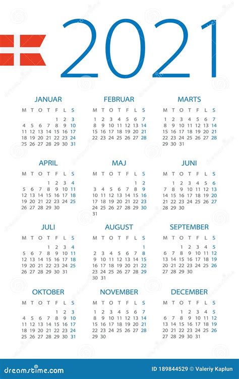 Calendar 2021 Illustration Danish Versionweek Starts On Monday