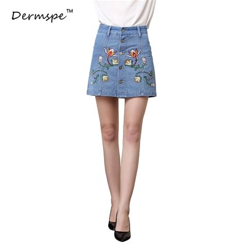 New Spring Summer Women Embroidery Denim Skirt Chic Single Breasted Casual Vintage Jeans Skirt