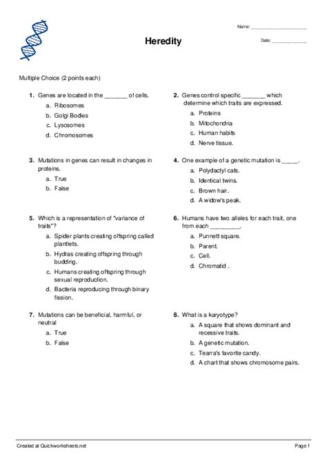 Heredity Multiple Choice Worksheet Quickworksheets