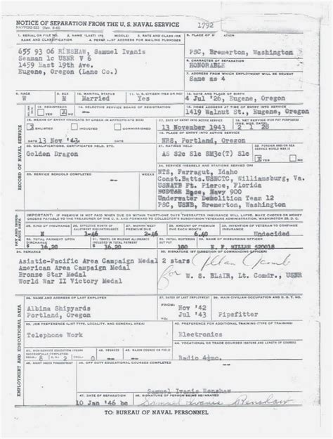 The WWII Navy Report Of Separation My Military Service Records