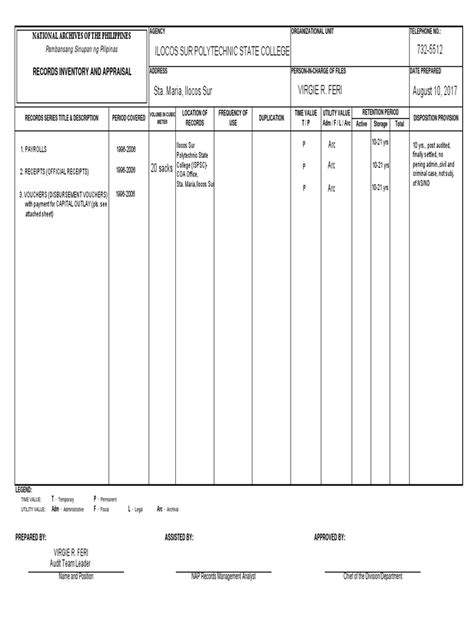 Nap Form 1 Inventory Appraisal Pdf Records Management Document