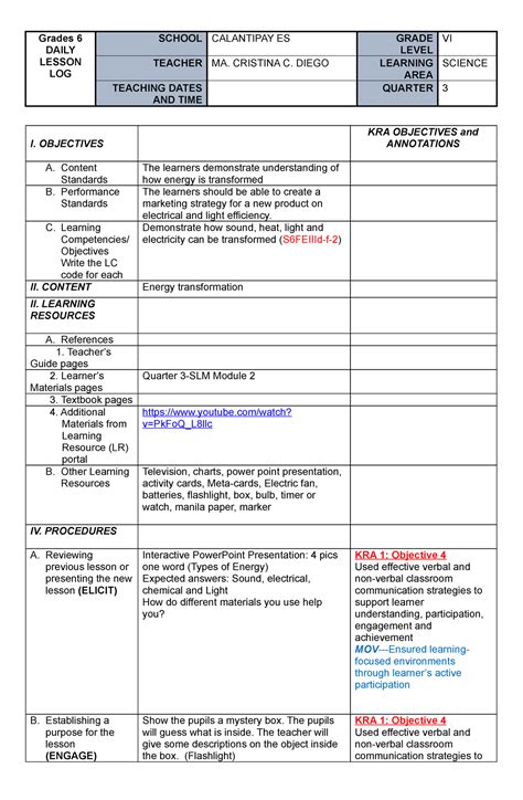 COT DLP Science 6 Energy Transformation Bachelor Of Elementary