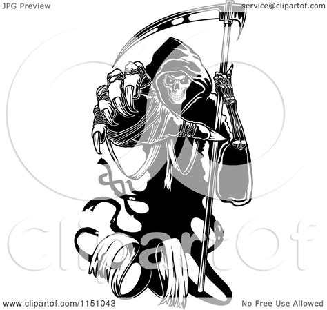 Clipart Of A Black And White Grim Reaper Holding A Scythe