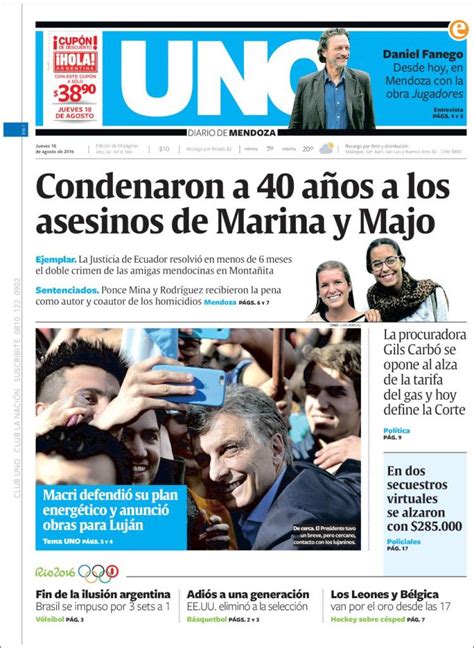 Periódico Diario Uno Argentina Periódicos De Argentina Edición De Jueves 18 De Agosto De
