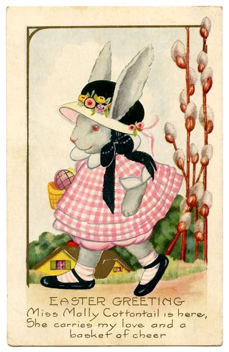 Vintage Easter Graphic Bunny Girl In Pink Gingham The