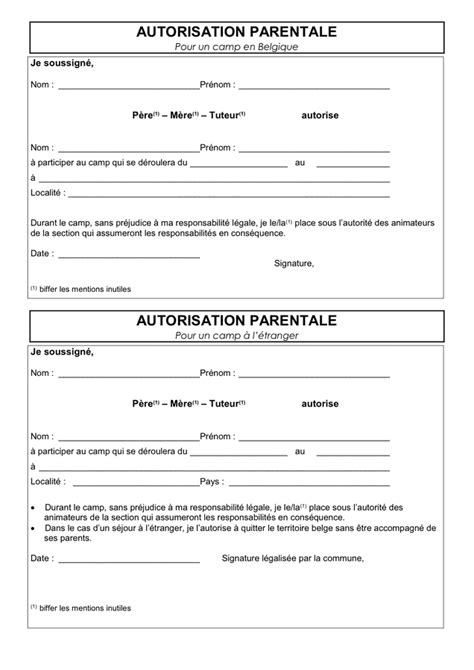 Autorisation Parentale Pour Un Camp Belgique Doc Pdf Page Sur