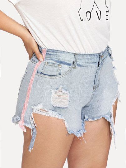 Trendy Striped Raw Hem Ripped Denim Shorts