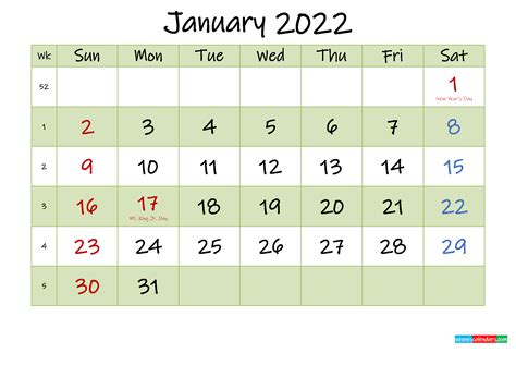 January 2022 Calendar With Holidays Printable Template