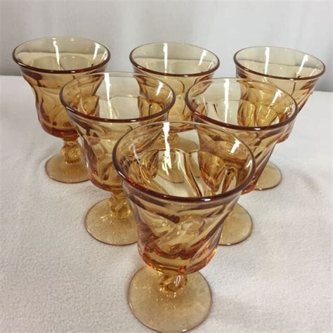 6 Fostoria Glass Jamestown Pattern Water Goblets Amber 5 75 Tall Stem Footed Ebay