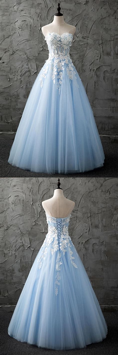 Sweetheart Blue Tulle Long Customized Evening Dress With Appliques Sweetheart Evening Dress