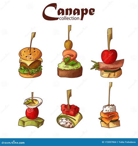 Set Of Finger Food Elements Canape And Appetizes Served On Sticks In