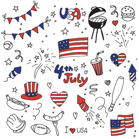 Vector Drawing In Doodle Style Set For America Independence Day