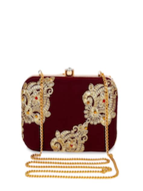 Buy Rezzy Maroon And Gold Toned Embroidered Box Clutch Clutches For
