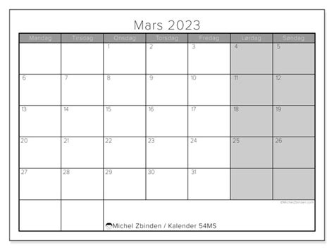 Kalender For Mars 2023 For Utskrift “74ms” Michel Zbinden No