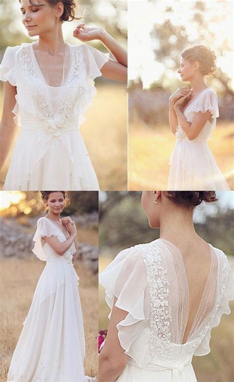 Simple Informal V Neck Chiffon Summer Outdoor Wedding Dress · Sancta