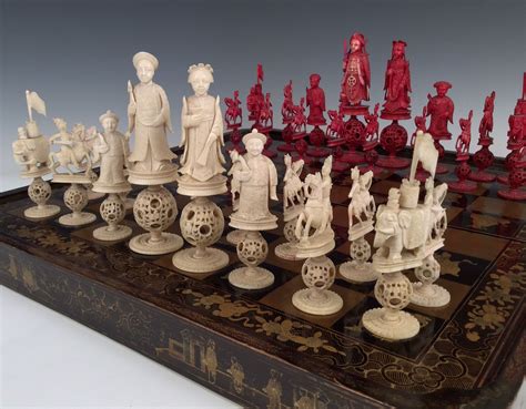 Antique Chinese Lacquer Board And Ivory Chess Set
