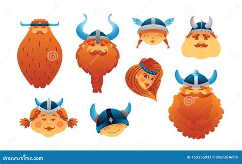 Set Of Viking Funny Face Collection Of Cartoon Heads Stock