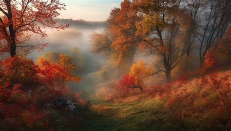 Vibrant Autumn Landscape Foggy Forest Mysterious Beauty In Nature