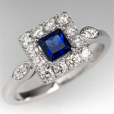 Princess Cut Blue Sapphire And Diamond Engagement Ring 14k White Gold