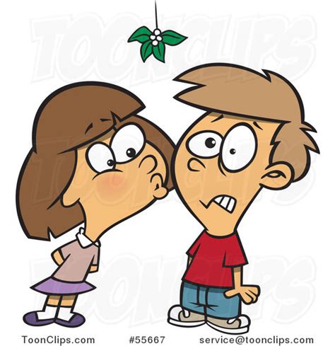 Cartoon Girl Kissing A Boy Under Mistletoe 55667 By Ron Leishman