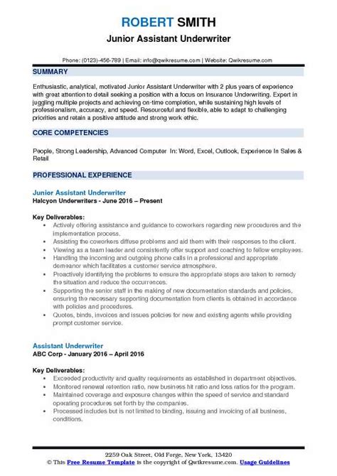 However, this line of work is actually fairly simple to explain. Assistant Underwriter Resume Samples | QwikResume