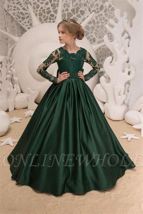 newest satin dark green jewel lace backless flower girl dresses with bow long sleeves floor