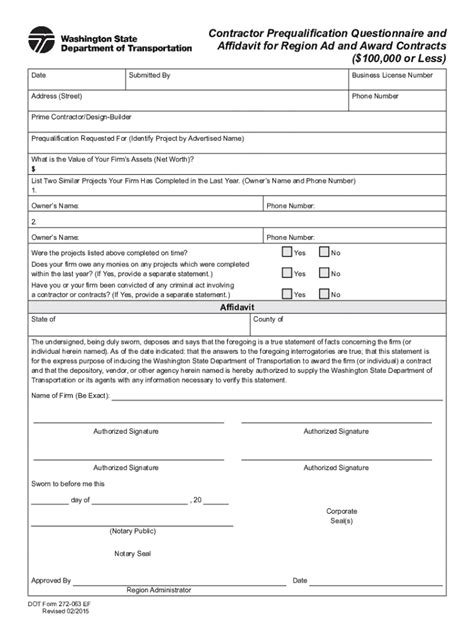Fillable Online Wsdot Wa Dot Form 272 063 Contractor Prequalification
