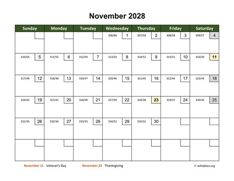 November 2028 Calendar With Day Numbers