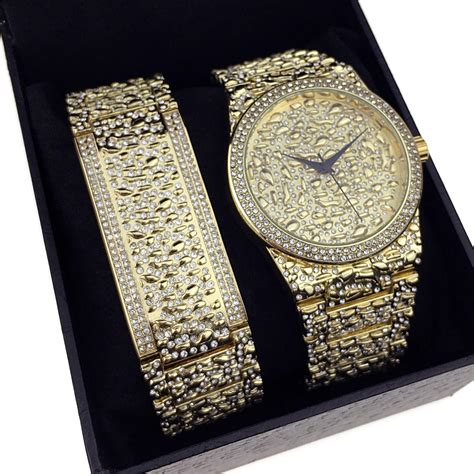 Mens Gold Nugget Watch And Bracelet Hip Hop Set Iced Gold Finish With