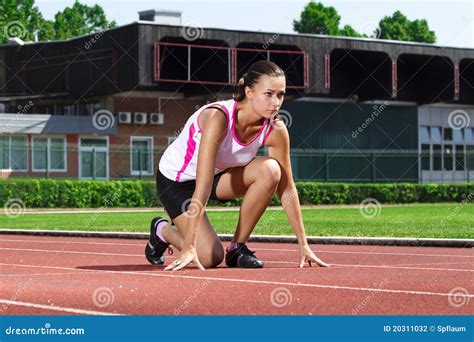 Young Woman In Sprinting Position Stock Photo Image Of Sport Woman