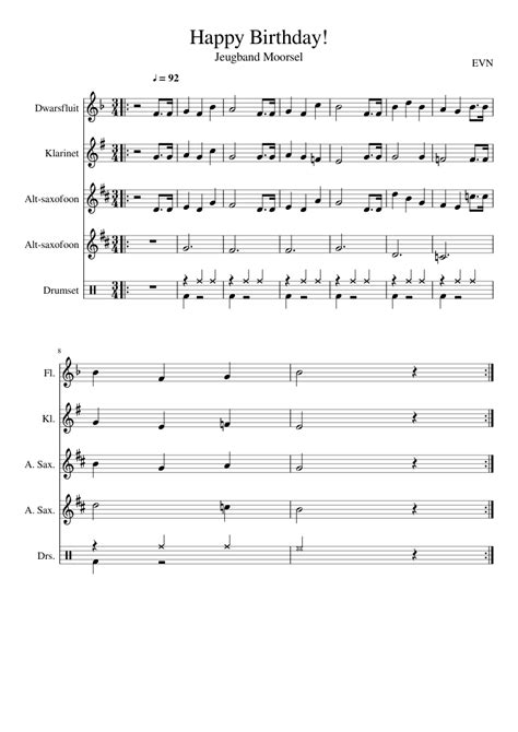 Happy Birthday Sheet Music For Piano Flute Saxophone Alto Drum Group And More Instruments