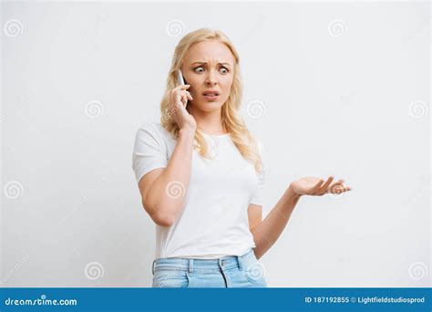 Woman Showing Shrug Gesture While Taking Stock Image Image Of Smartphone Wireless