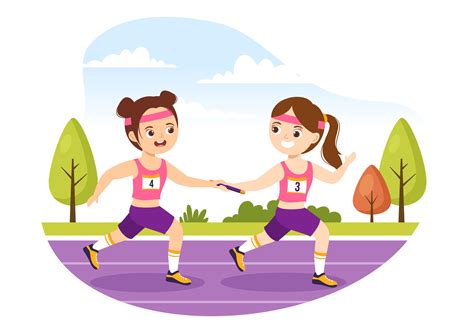 Relay Race Illustration Kids By Passing The Baton To Teammates Until