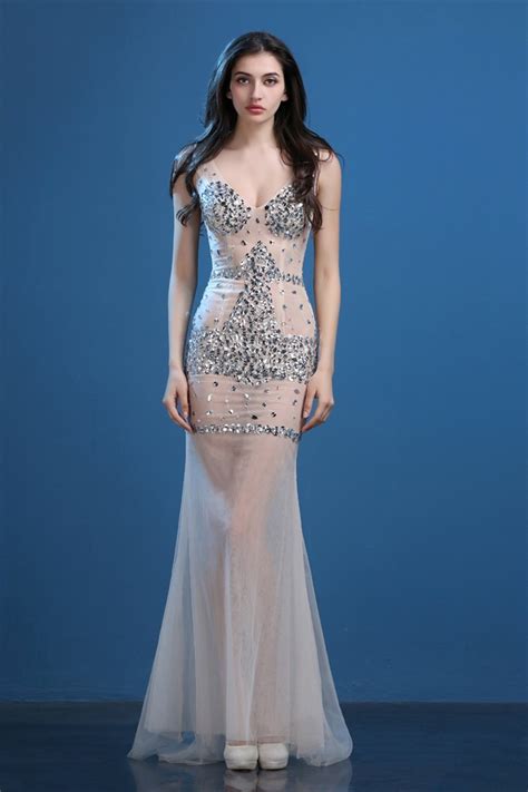 Sexy V Neck Backless Sheer See Through Champagne Tulle Beaded Evening Prom Dress