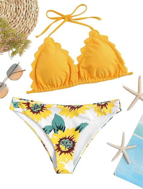 Sweatyrocks Womens Sexy Bathing Suits Scallop Halter Bikini Yellow