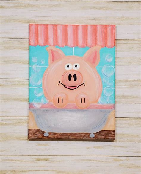 Whimsical Pig Painting On Canvas Wall Art Bath Tub Pig Etsy In 2021
