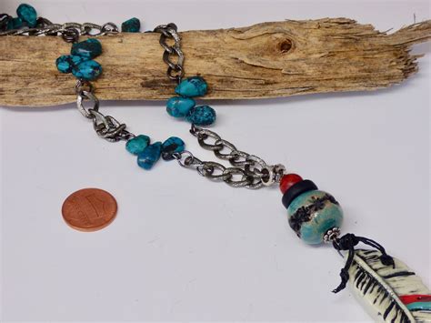 Feather Necklace Southwest Jewelry Talisman Turquoise Red Etsy
