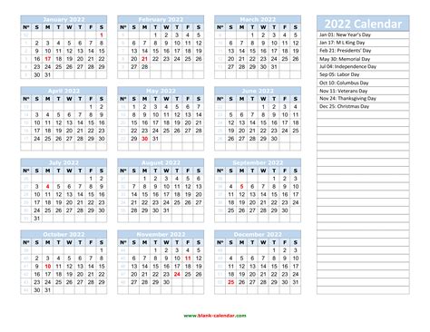 Free Printable Yearly 2022 Calendar With Holidays As Word Pdf