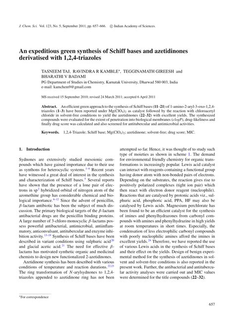 PDF ChemInform Abstract An Expeditious Green Synthesis Of Schiff
