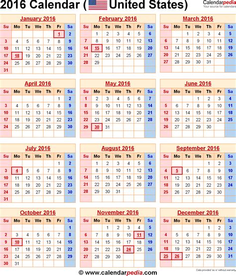 2016 calendar with federal holidays and excel pdf word templates chainimage