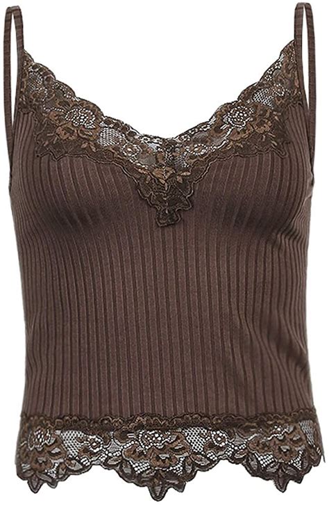 lace patchwork brown crop top y2k clothes fairy grunge style cropped tees cami ribbed knitted