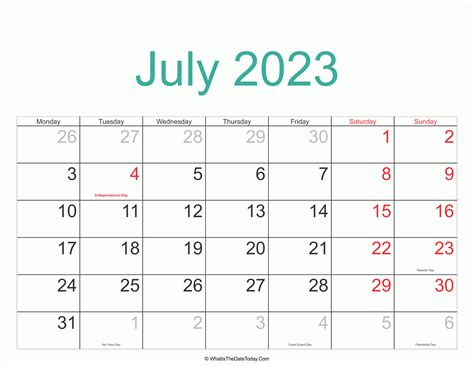July 2023 Calendar Printable With Holidays Whatisthedatetodaycom
