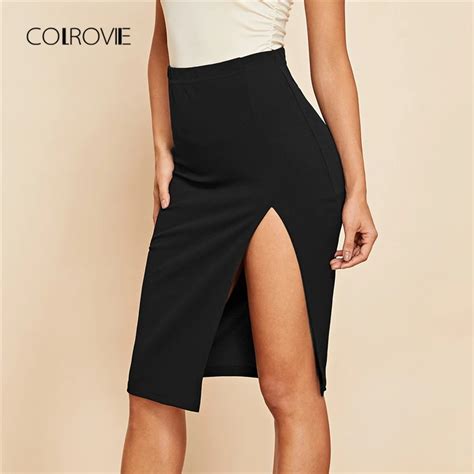 Colrovie Black Solid Split Sexy Skirt Autumn Streetwear Fashion High Waist Casual Women Skirt