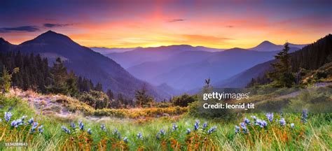 Majestic Sunset In The Mountains Landscape Hdr Image High Res Stock