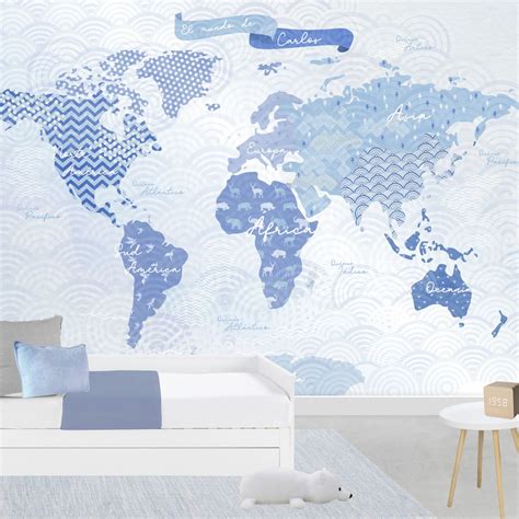 Mapamundi Mural Gigante Azul Oceanico Papel Tapiz De Mapa Murales